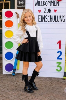 Festliches Set für Mädchen   Schwarzer Rock & Langärmlige Weiße Bluse mit Spitze