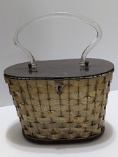 Vintage Basket Weave Woven Purse Brown  Gold With Lucite Handle Lid Bottom LOOK