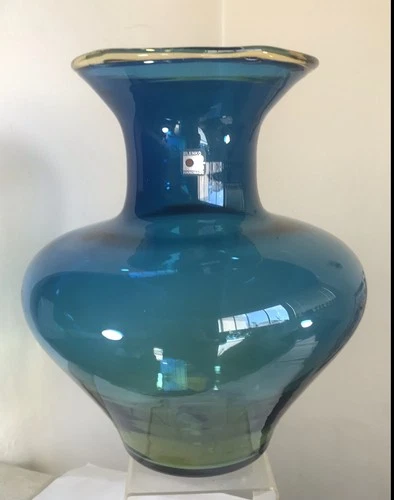VINTAGE BLENKO GLASS VASE 9636 DESERT GREEN WITH LIP WRAP MATT CARTER 13.25"