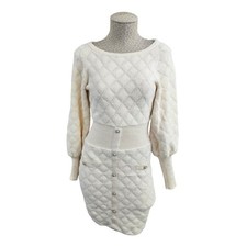 Express Ivory Quilted Knit Mini Sweater Dress Pearl Buttons Puff Sleeve XS New