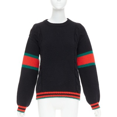 GUCCI 2021 black wool red green trim cable braid crew neck sweater XS