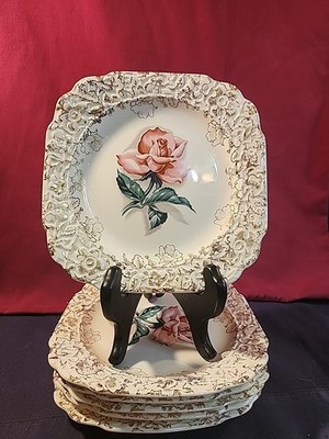 Vintage Eastern China Company 7in. Le Fluer  Rouge Saucers W/22kt. Gold Trim 