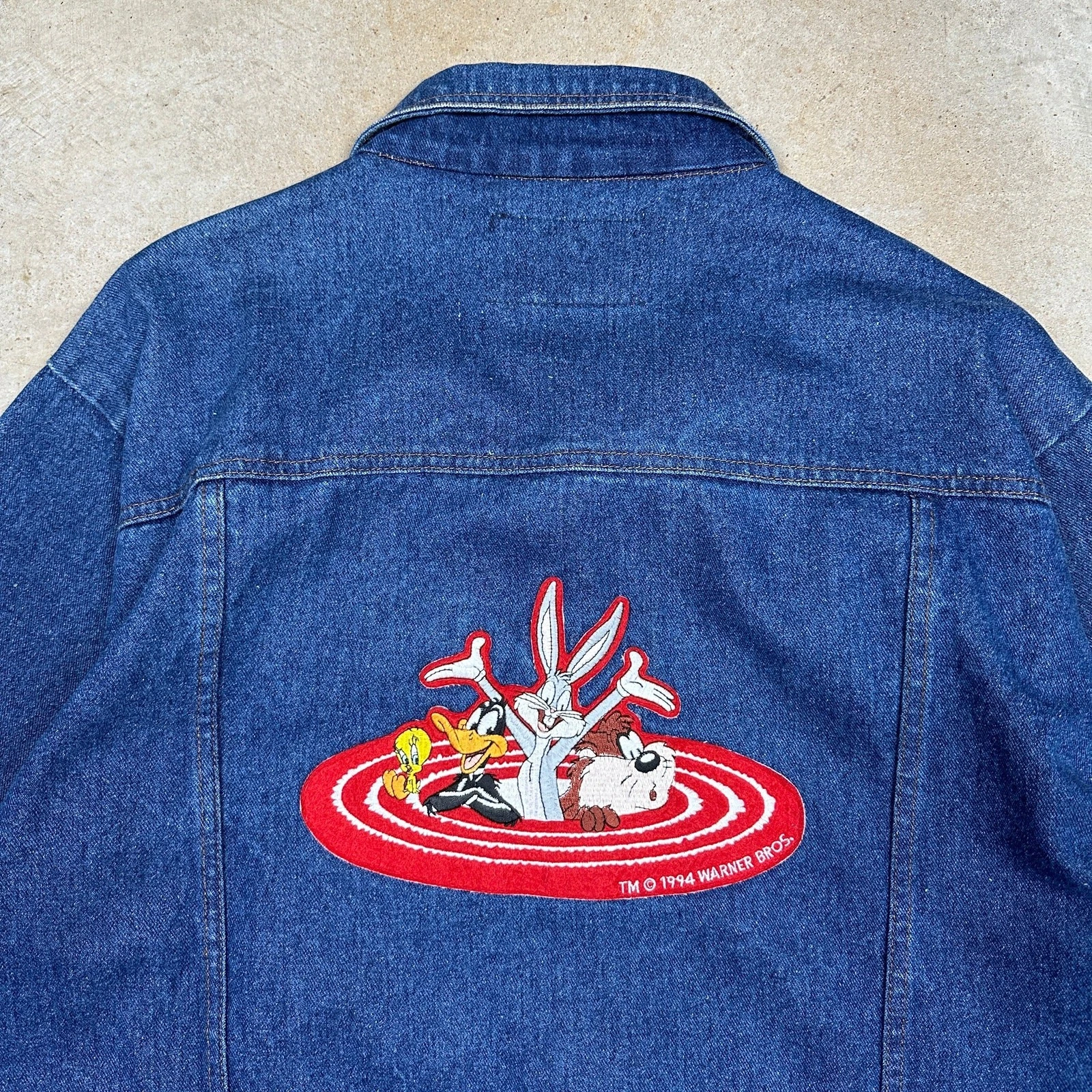 Vintage Looney Tunes Jacket Mens XL Blue Rustler Dark Wash Denim Coat 90s H27