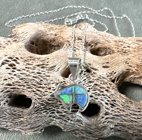 Dainty Denim Lapis Opal Inlay Bear Pendant Sterling Multi 18" Chain Necklace - Picture 3 of 13