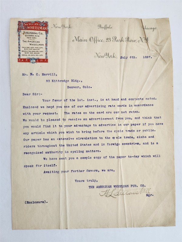 1897 antique AMERICAN WHEELMAN ny LETTER to N. C. MERRILL denver co CYCLE