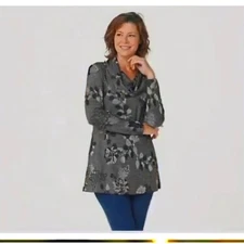 Attitudes by Renee, Jacquard Cowl Neck  Tunic w/ Pockets, Color-Smoke 1XP