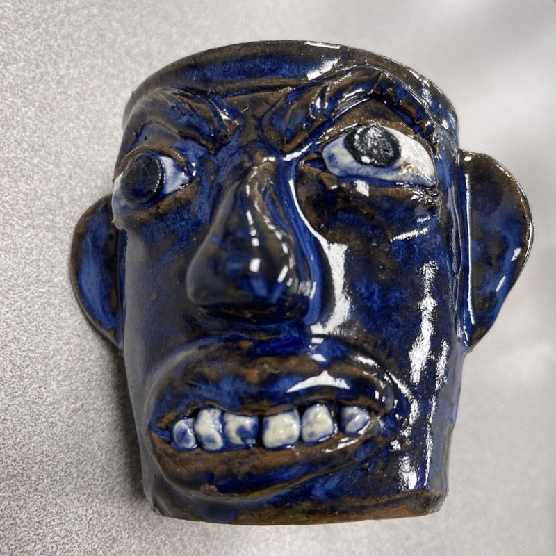 Albert Hodge Face Jug Mug - North Carolina art pottery Blue Multi 4”