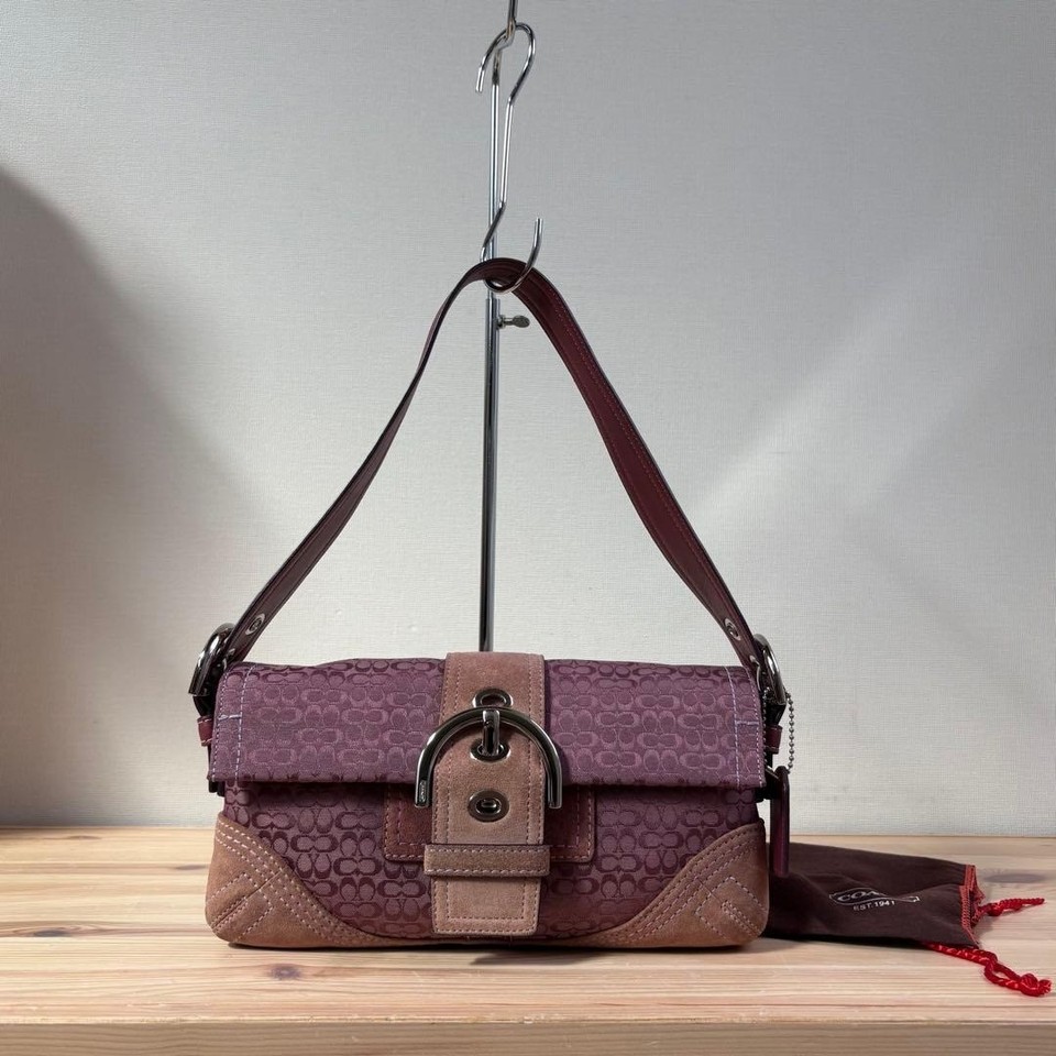 COACH Soho Signature Shoulder Bag Purple Suede Buckle Baguette Y2K Rare