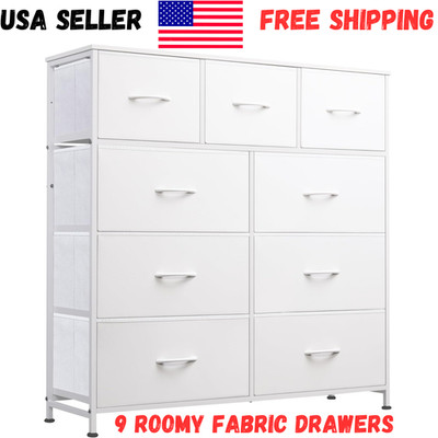 White 9 Drawer Fabric Dresser Tall Storage Chest with Wood Top Steel Frame USA