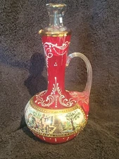 Red Glass Cruet with Hand Painted And Transfer Design Clear Glass Handle And...