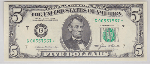 1985 $5 Federal Reserve Star Note Chicago District FR 1978-G* PMG Choice 64 - Picture 2 of 5