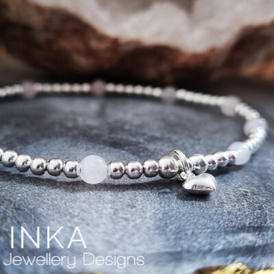 Inka 925 Sterling Silver handmade beaded Anklet with Rose Quartz and Heart charm