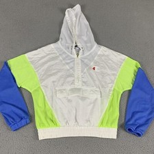 Champion Warm-Up Jacket Womens Small White Nylon 1/2 Zip Mesh Hooded Retro