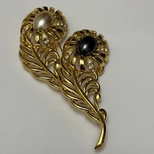 CINDY ADAMS Brooch Gold Tone Rhinestones Black White Flowers Leave Large Vintage