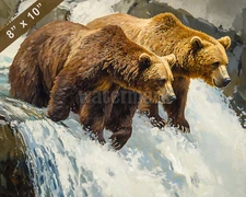 Katmai brown bears at Brooks Falls oil painting 8x10 Print