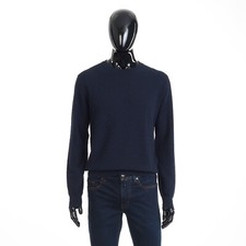 BRIONI 1295 Navy Blue Crewneck Sweater - Trama Weave Cotton Silk  Cashmere