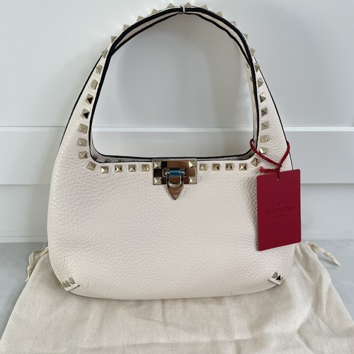 Valentino Rockstud Ivory Small Leather Hobo Gold Tone Accents Grained 