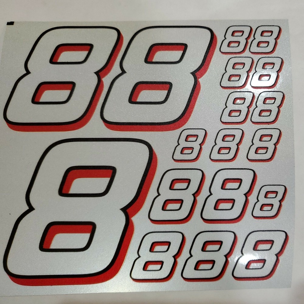 REFLECTIVE SILVER W RED/BLK Racing #8's vinyl Decal Sheet1/8-1/10-1/12 RC Modelx