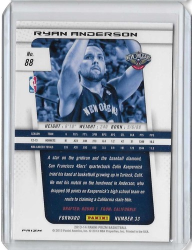 2013-14 Panini Prizm Ryan Anderson Blue Prizm Card #88 New Orleans Pelicans - Picture 2 of 4