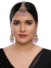 RHYMEE Elegant Women's Gold and Light Purple Maang Tikka & Earrings Set.
