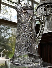 American Brilliant Cut Glass 9" Pitcher c. 1900-10 Hobstar Cross Hatch & Fan