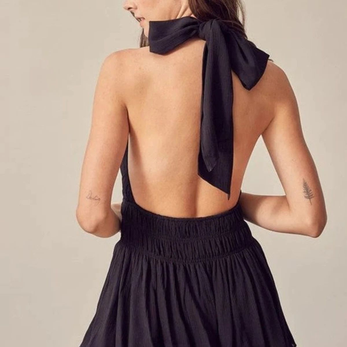 New Black Halter Romper Mini Dress Layer Tier Backless Bow Tie