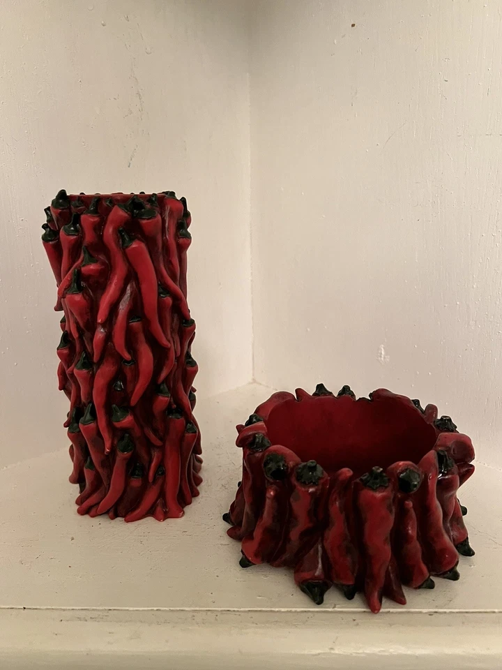 Red Chili Peppers Candle Holders, Set Of 2.   Resin 3” And 4” Dia.  6” - Image 3 of 4