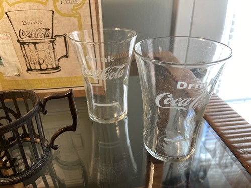 Vintage Coca Cola Coke 1973 Pewter Replica 1 cup holder and 4 flared glass IOB - Picture 5 of 10