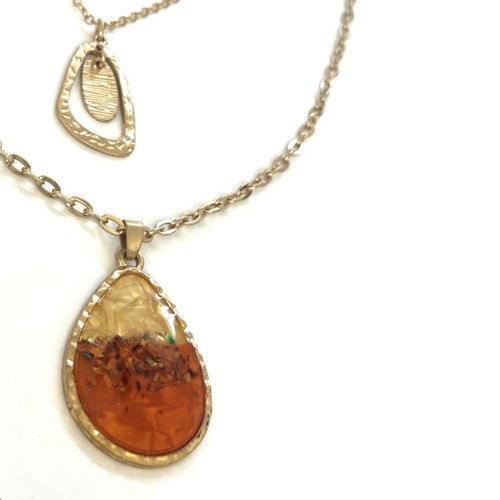 Layered Double Chain Necklace – Teardrop Glitter Resin Pendant 