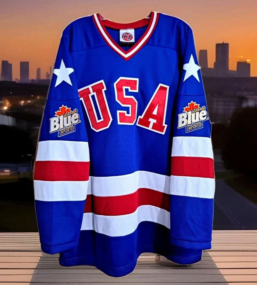 Jersey Miracle On Ice Jack O' Callahan Firmado De Colección Labatt Azul K1 Lake Placid Foto 3 de 4