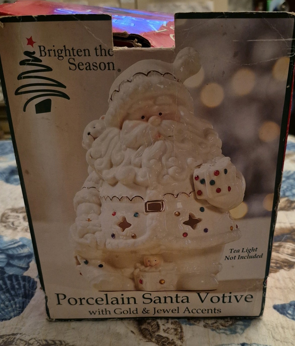 Vintage Porcelain White Santa Votive Candle Holder With Gold & Jewel Accents. - second product detail image