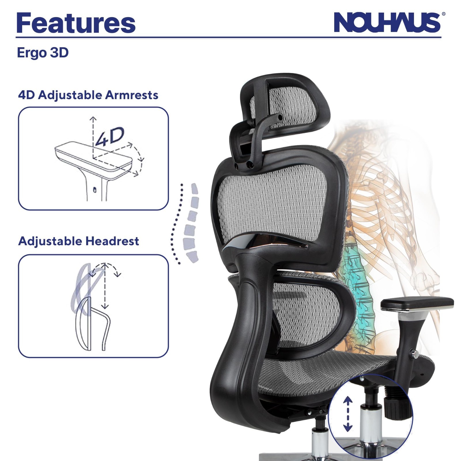 Nouhaus Ergo3D Ergonomic Mesh Office Chair with Lumbar Support, 4D Armrest