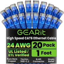 20 Pack 1ft Cat6 Ethernet Patch Cables 10 Gbps RJ45 Snagless Blue Network