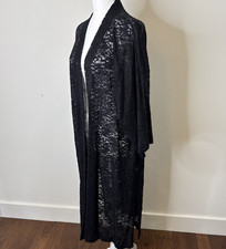 Lace Duster Kimono Cardigan Black Open Sheer Western Boho Swim Cover Layer L XL