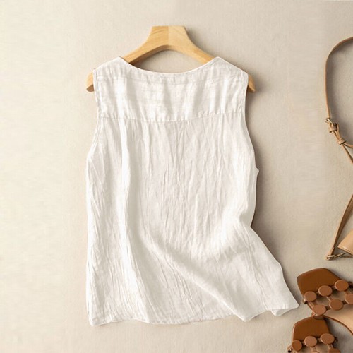 Summer Tank Vest Shirt Cotton Linen Sleeveless O-Neck Tops Blouse Tee Ladies - Photo 6/18