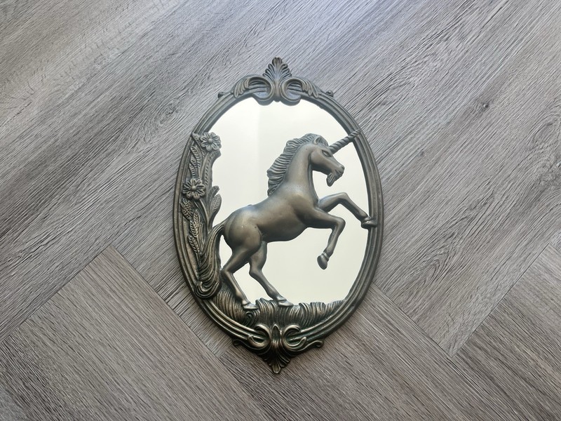 Vintage Solid Brass Unicorn Fantasy 70s Framed Wall Hanging Mirror w Flowers