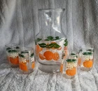 Vintage Anchor Hocking Glass Orange Juice Pitcher 8.5" - No Lid + 4 Glasses