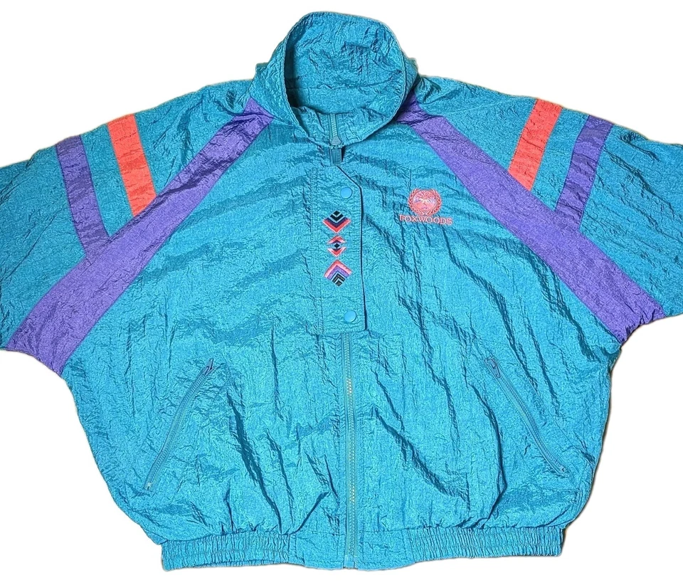 Vtg 90s Foxwoods Casino Windbreaker M Colorblock Tribal Embroidered Streetwear - Image 3 of 4