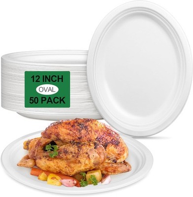 Large Paper Plates 12 Inch, 50 Pack Oval Large, 12 inch 50 pcs, White 