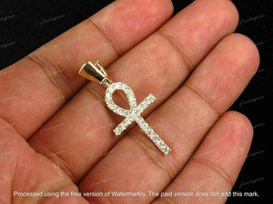Authentic 10K Yellow Gold Plated 0.46ct Lab Created Diamond Men's Ankh Cross Pendant