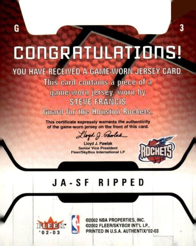 2002 FLEER AUTHENTIX STEVE FRANCIS JA-SF MINT JERSEY AUTHENTIX HOUSTON ROCKETS - Image 2 of 2