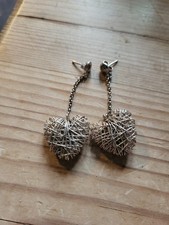 Silver Earings Stamped Dangle Heart Shape Wire Design