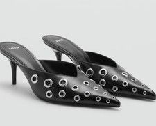 MANGO MNG BLACK EVE EYELET POINTED TOE MULE PUMPS HEELS HEELED SHOES 39 US 8.5 