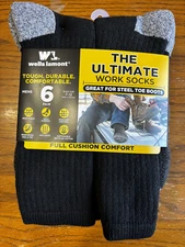 Wells Lamont Men's Ultimate Crew Work Socks Black/Gray , 6 Pr. Sz 7-12 New!