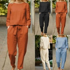 Two Piece Cotton Linen Women Sets Solid O Neck Top Shirt Drawstring Trouser Suit