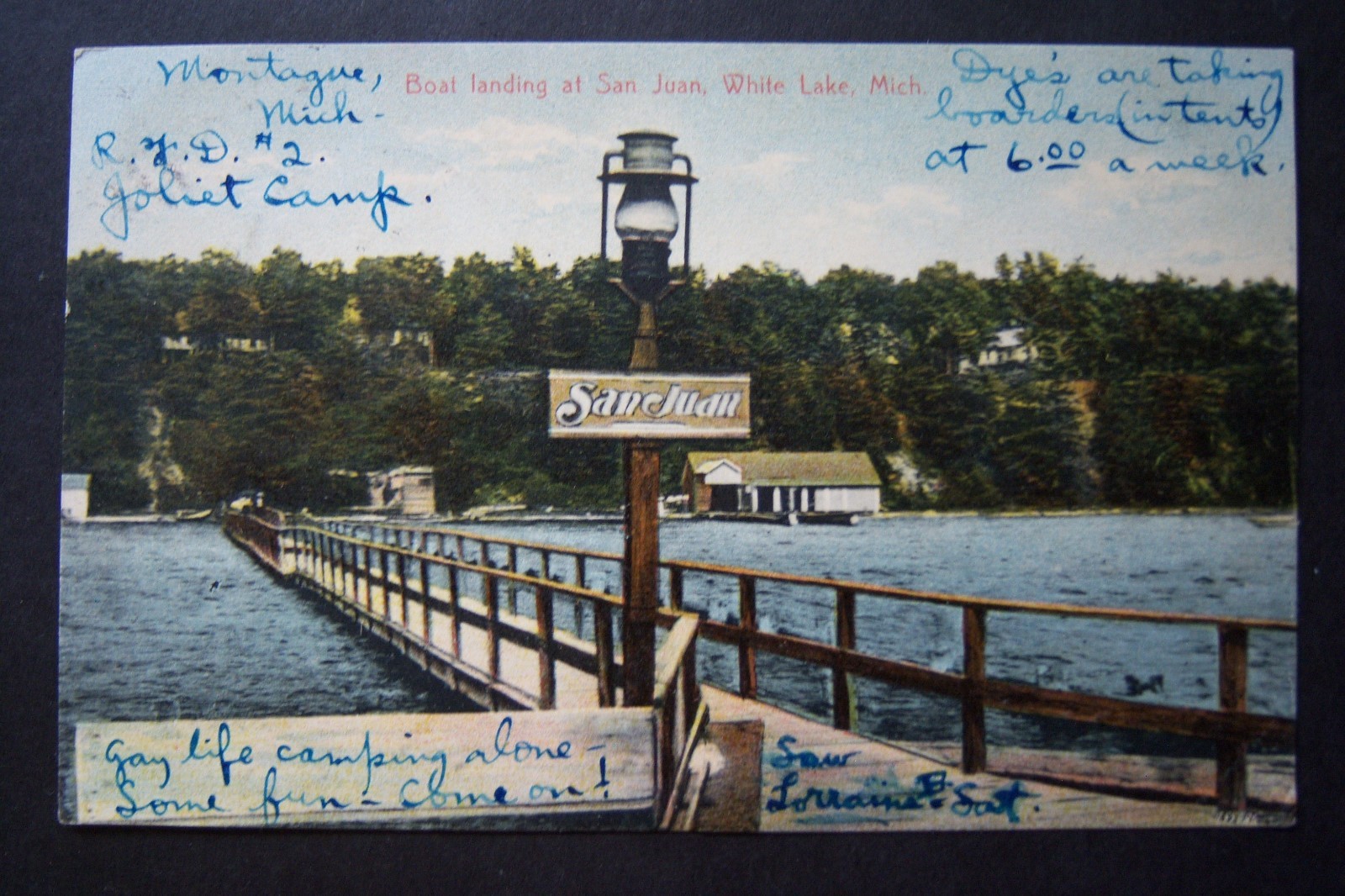 Boat Landing at SAN JUAN, White Lake, Montague, MI postcard, circa 1908, writing eBay
