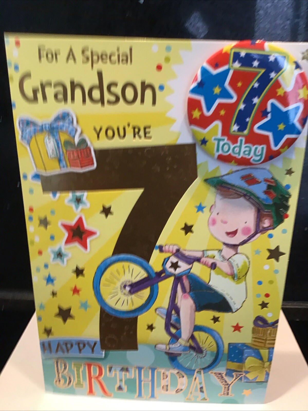 7TH GRANDSON BIRTHDAY CARD  WITH BADGE AGE 7 VERSE