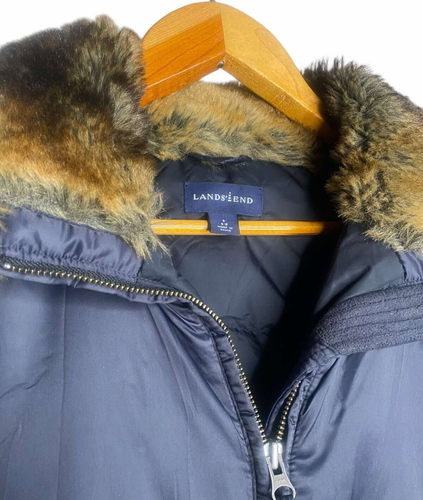 Lands End Jacket Women Small Black Goose Down Parka Puffer Coat Faux Fur Trim - Picture 3 of 9