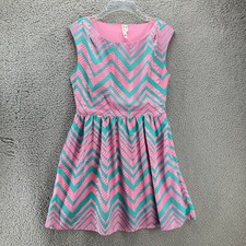 Pink Owl Fit & Flare Sleeveless Dress Womens M Mini Turquoise Chevron Stripe 80s