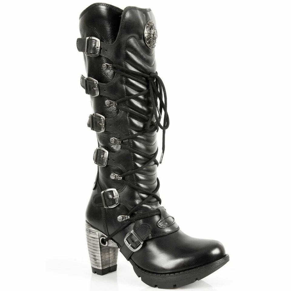 New Rock TR004-S1 Boots Ladies Black Leather Boots Buckle Lace Knee High Biker  - Image 2 of 4